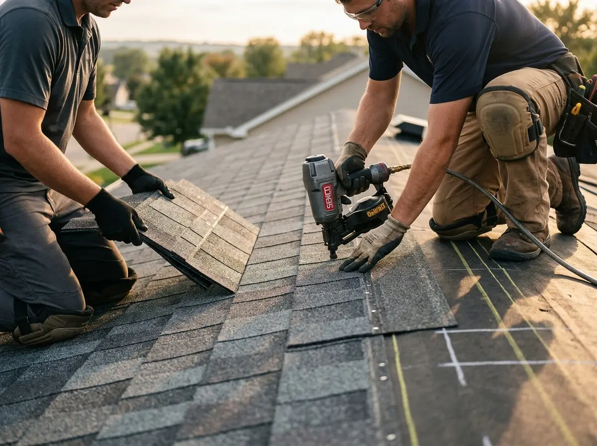 Professional roofer working on a residential roof in Towamencin